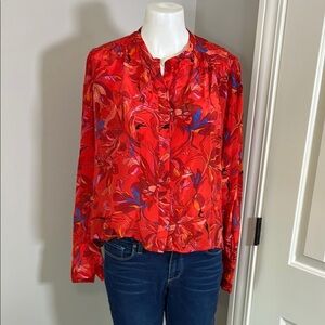 Maria Cher Julieta Blouse Red Button Front Top Tropical Floral Sz XS